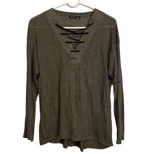 ZARA V Neck Long Sleeve Blouse Green/Black Womens size medium